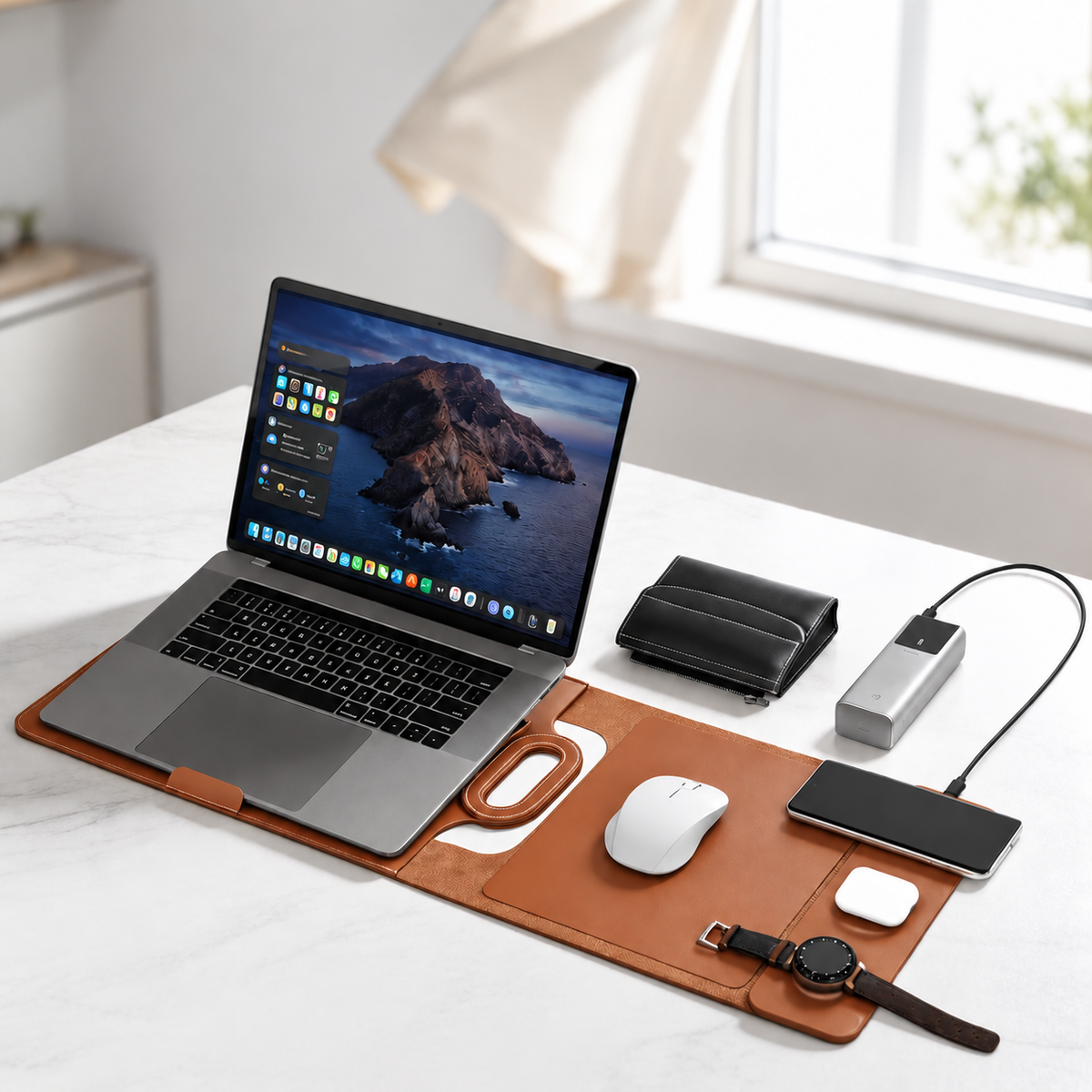Brown wireless charging laptop organizer in workstation mode