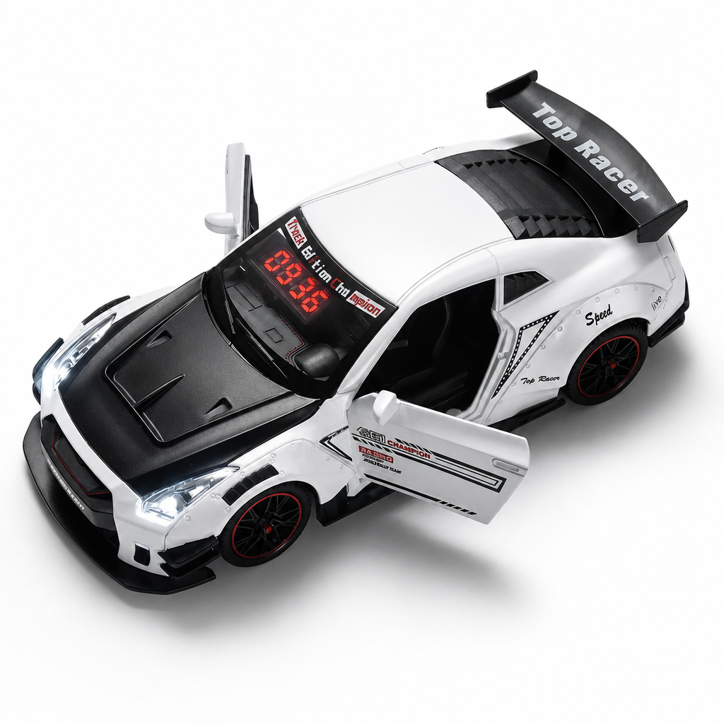 White sports car alarm clock model with openable doors