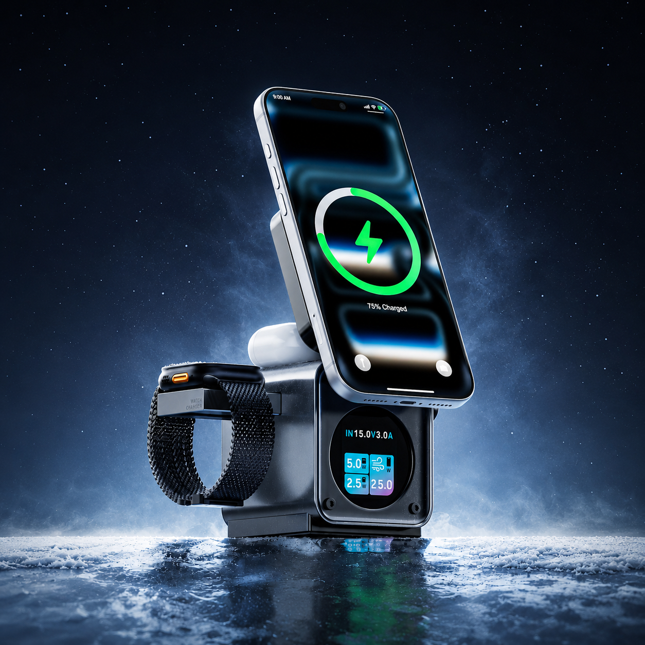 3-in-1 desktop wireless charging station charging phone watch and earbuds together