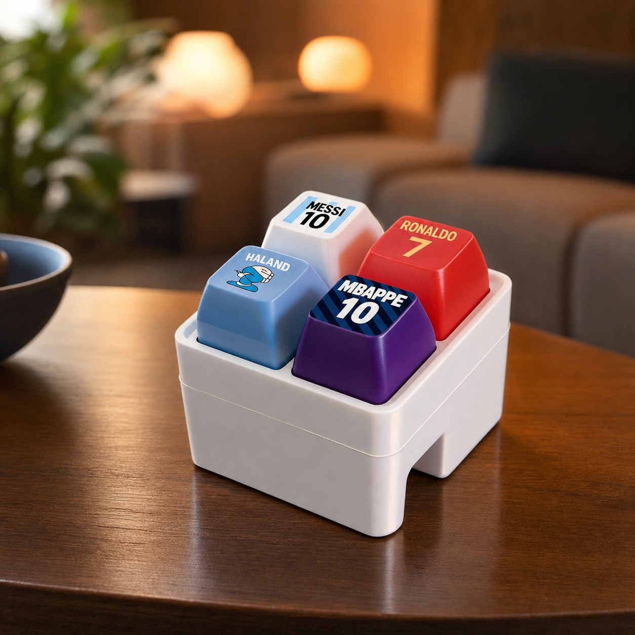 Football sound button keychain at home on a table