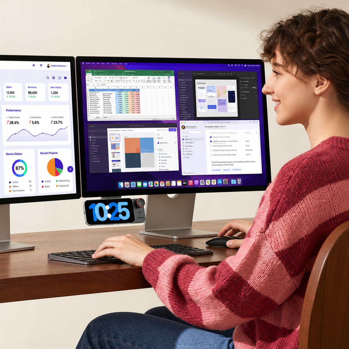 Qi2 under-monitor charging stand in a clean workspace