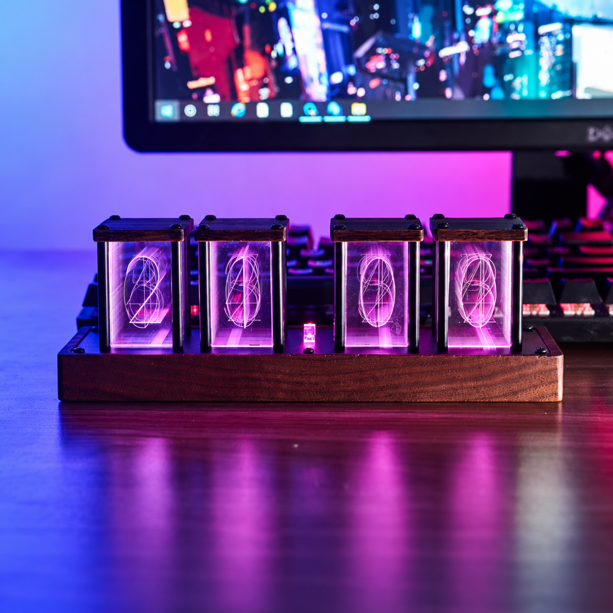 Four-tube Nixie LED clock with walnut base