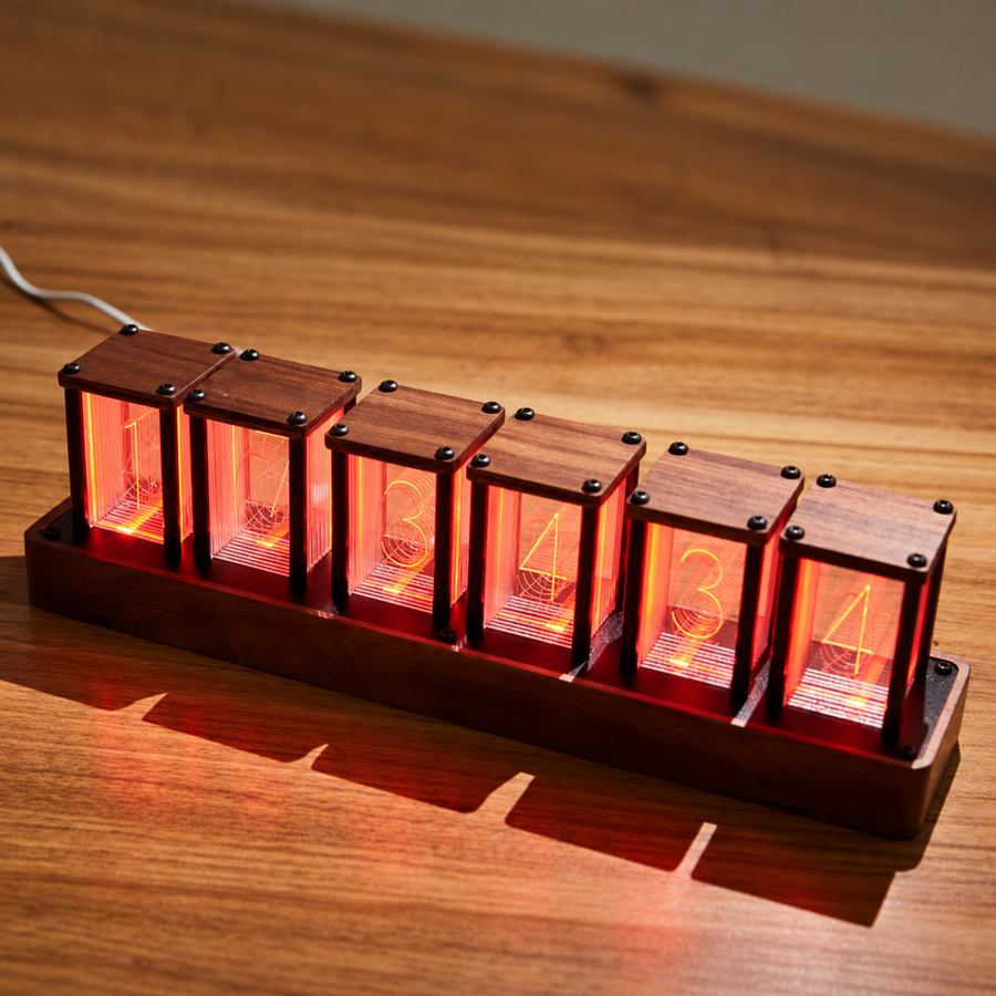 Six-tube Nixie LED clock with walnut base