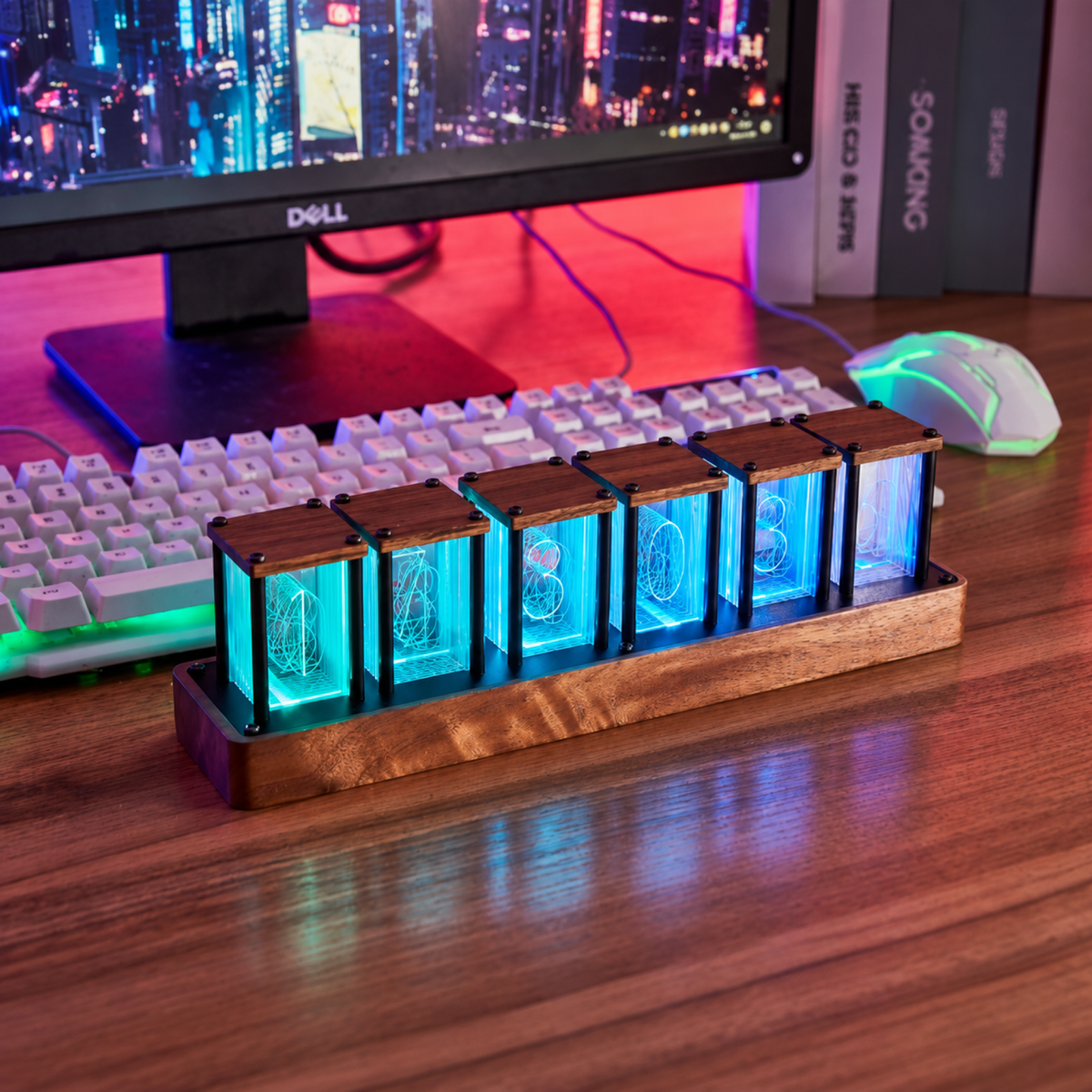 Nixie clock in a blue desktop setup