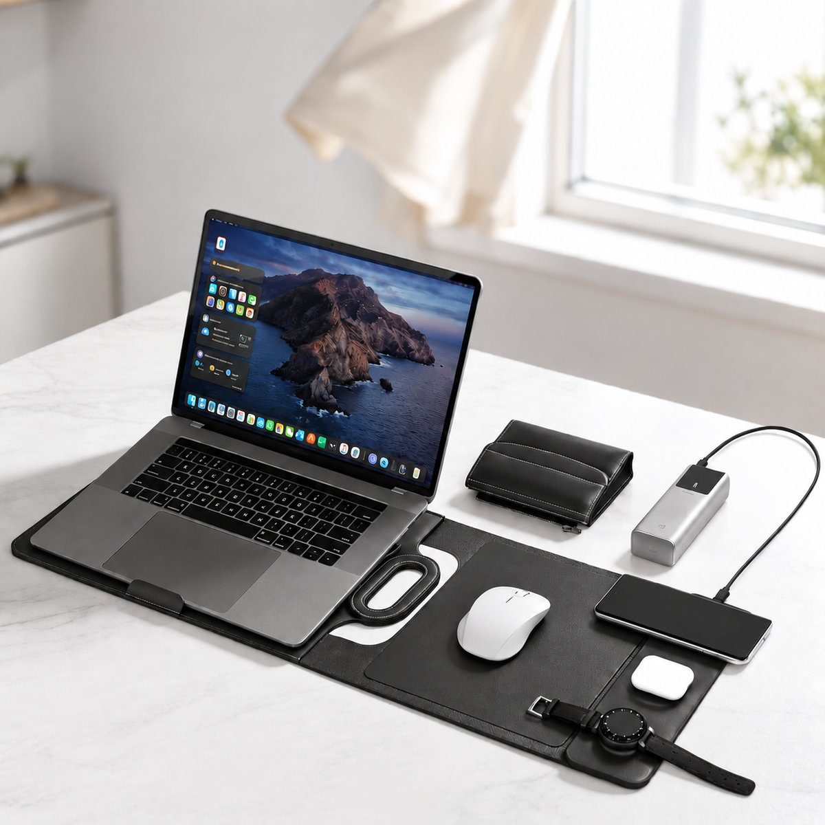 Black wireless charging laptop organizer in workstation mode