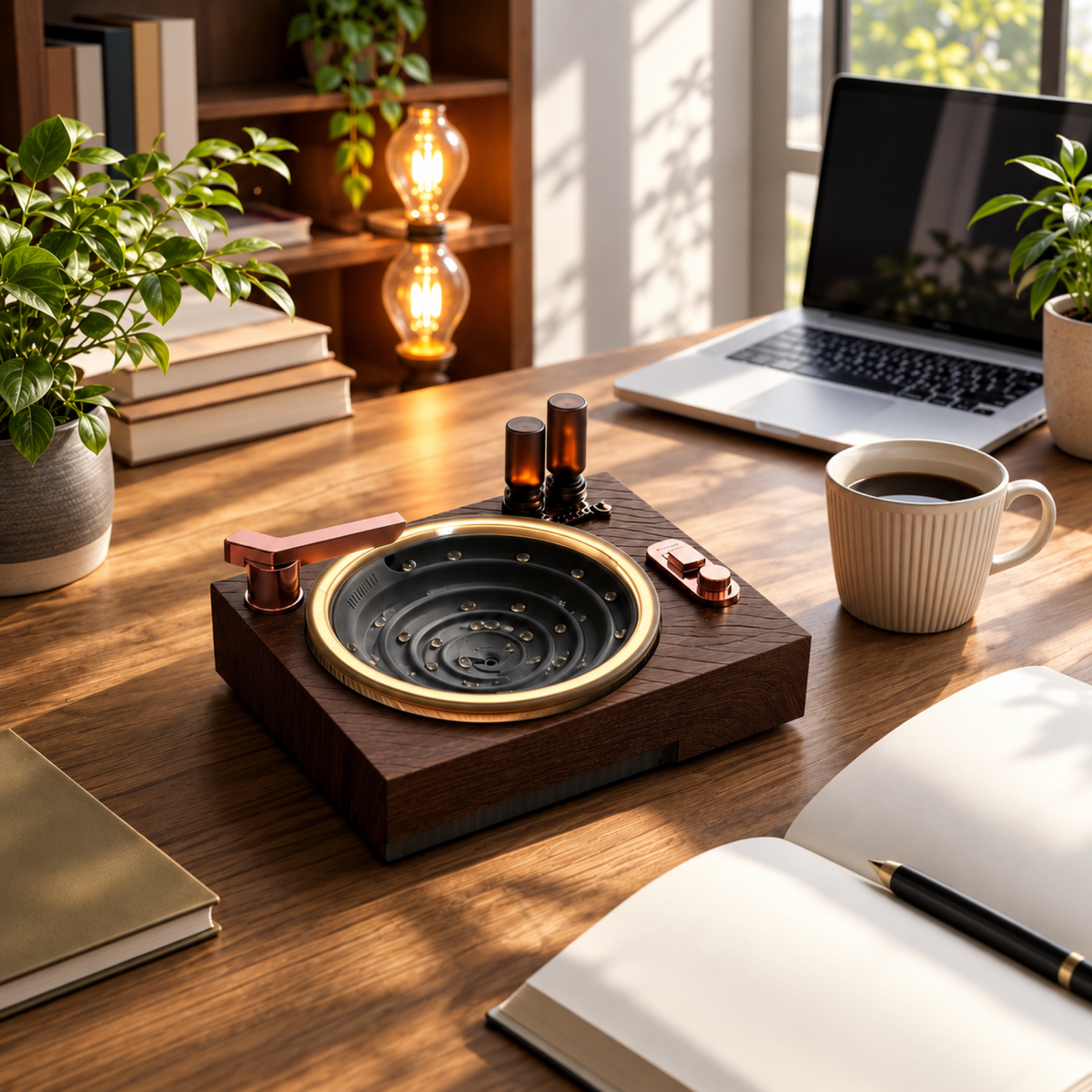 White noise ambient lamp on an office desk