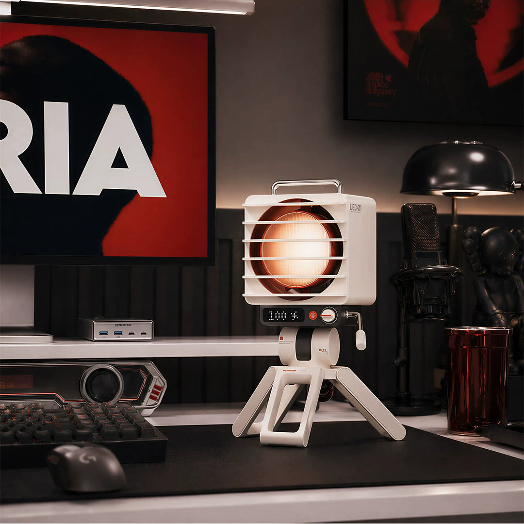 Searchlight desktop fan styled on a desk
