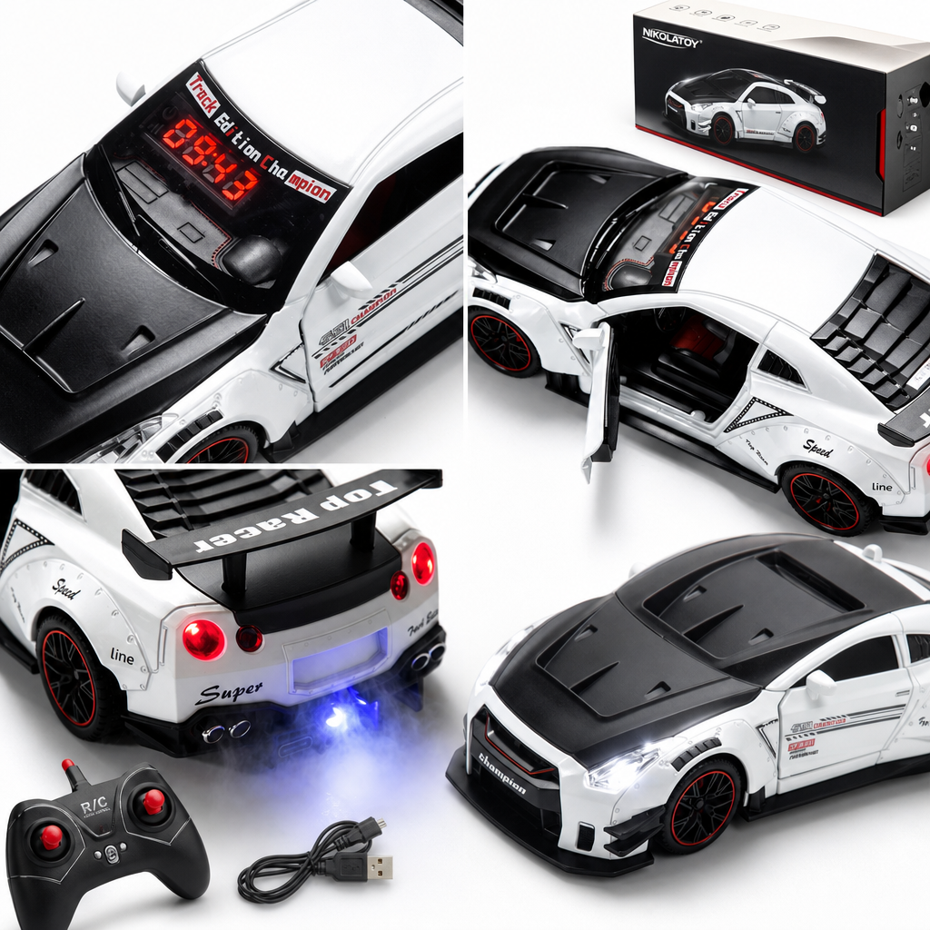 Sports car alarm clock model feature detail collage