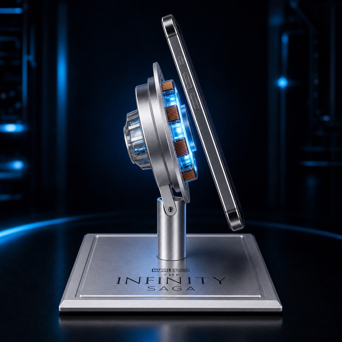 Arc reactor magnetic wireless charging stand side profile