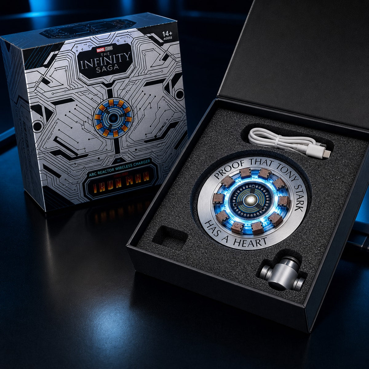 Arc reactor magnetic wireless charging stand packaging and accessories