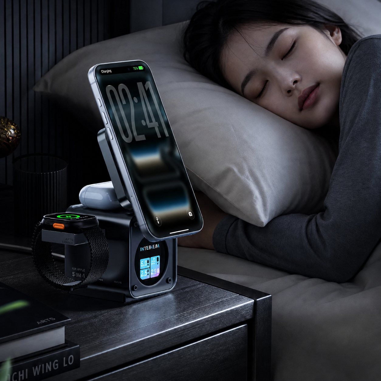 3-in-1 wireless charging station on a bedside table