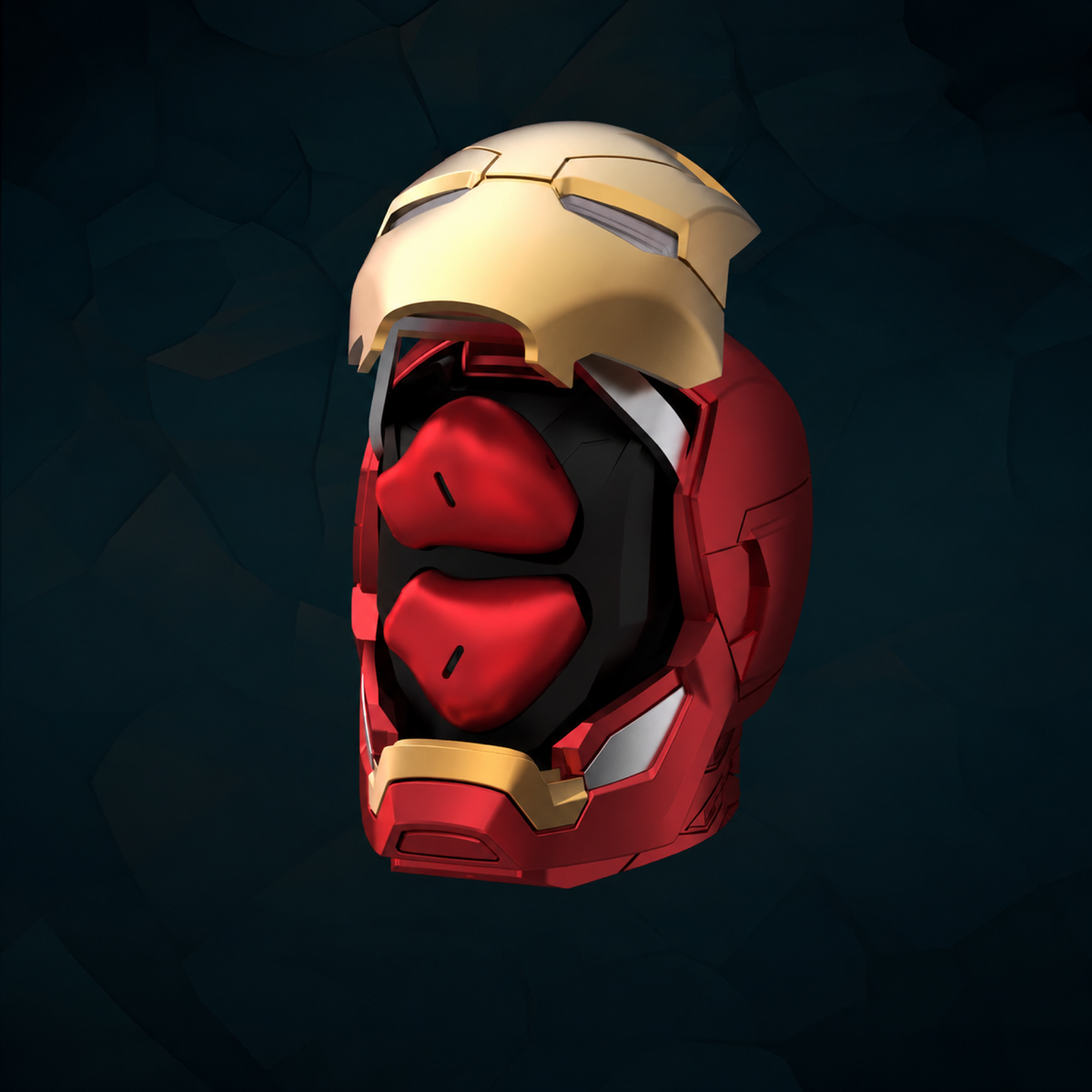 Open red and gold helmet charging case with red wireless earbuds