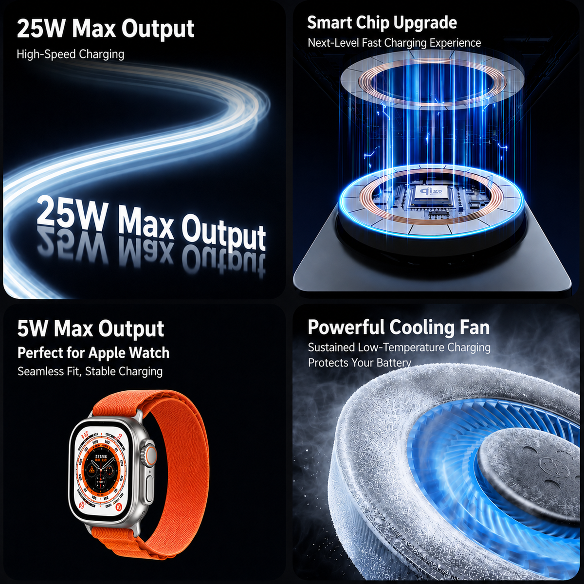 25W output, Apple Watch charging, and cooling fan feature image