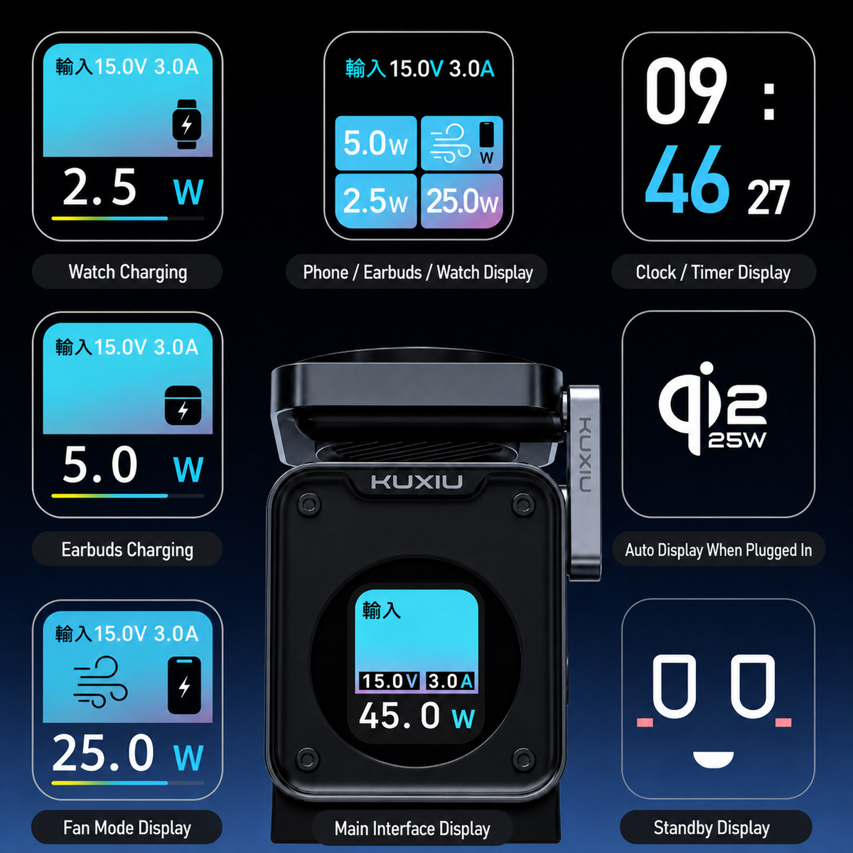 Wireless charging station input output and status display specification image
