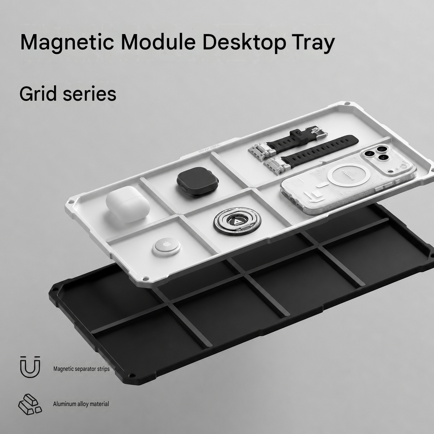 Magnetic organizer tray in silver and black