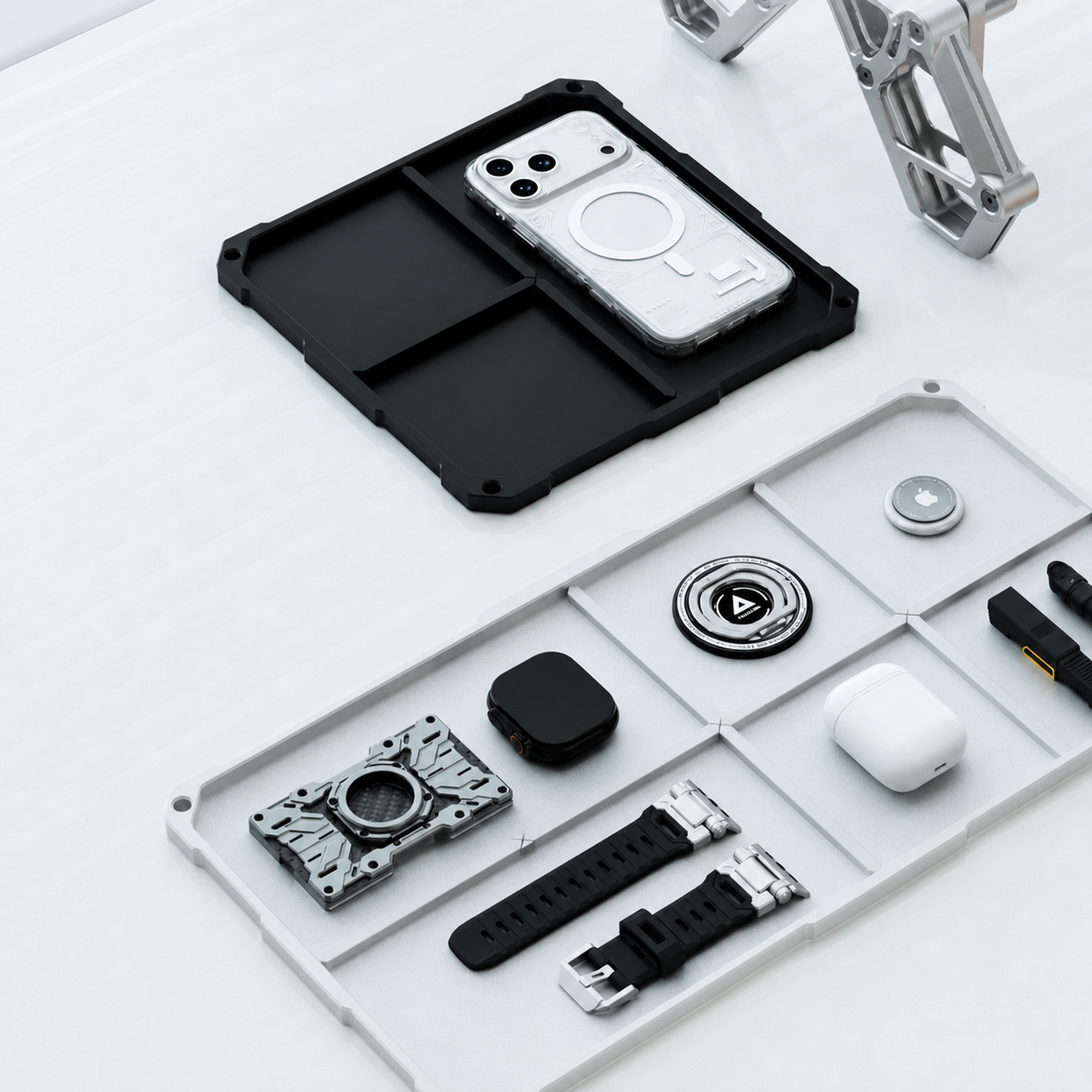 Silver desktop organizer tray with accessories