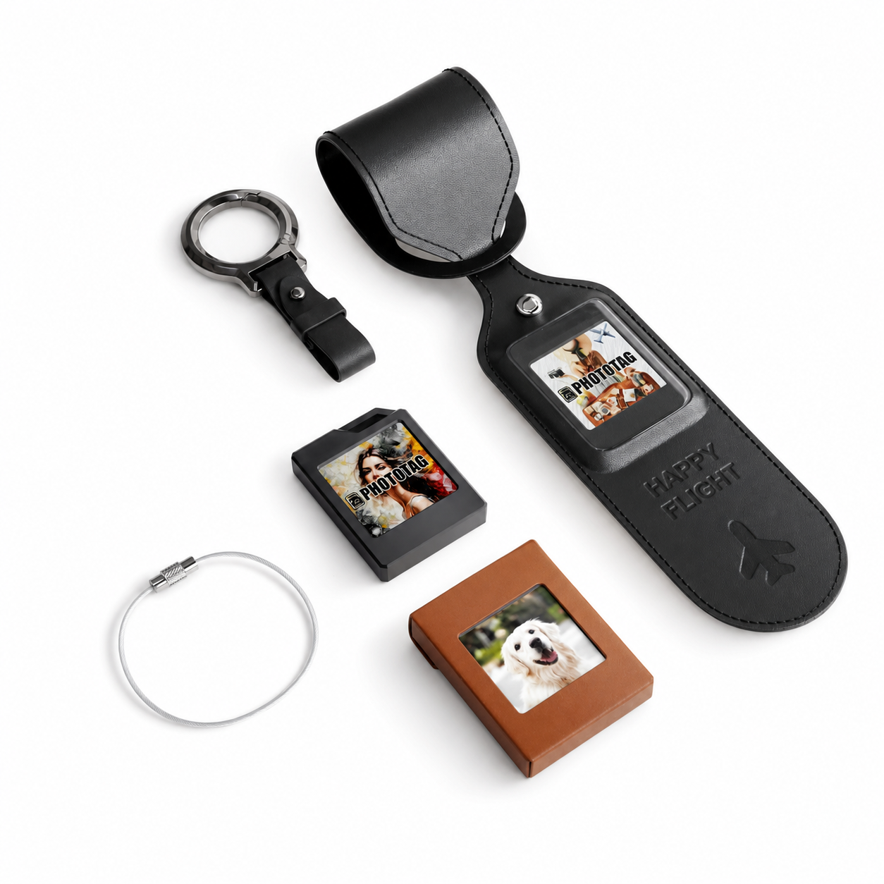 Black PhotoTag keychain luggage tag protective set