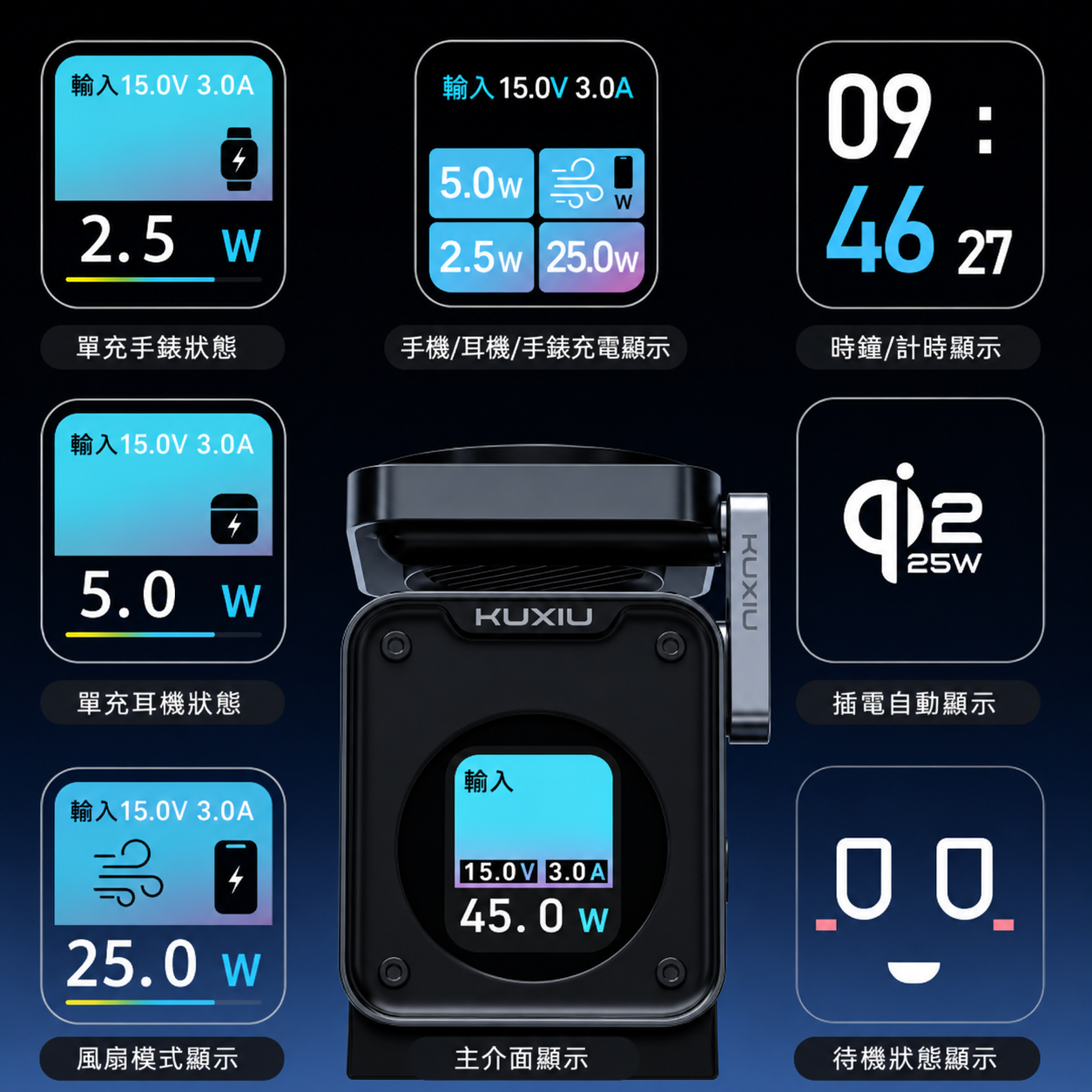 Wireless charging station input output and status display specification image