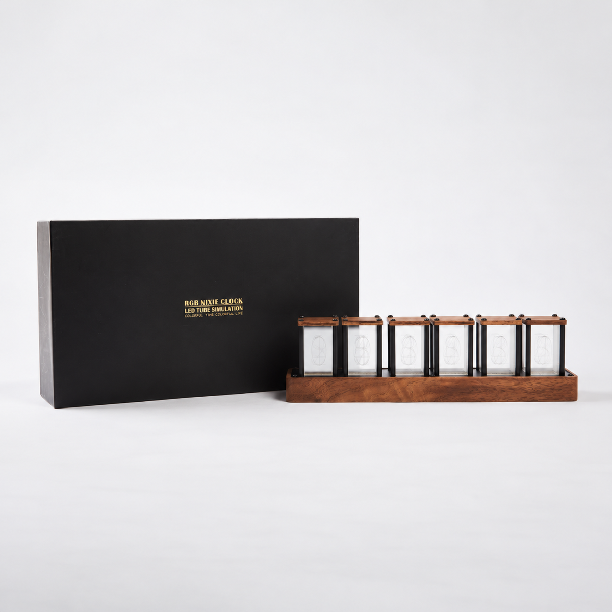 6-tube Nixie LED clock with walnut base